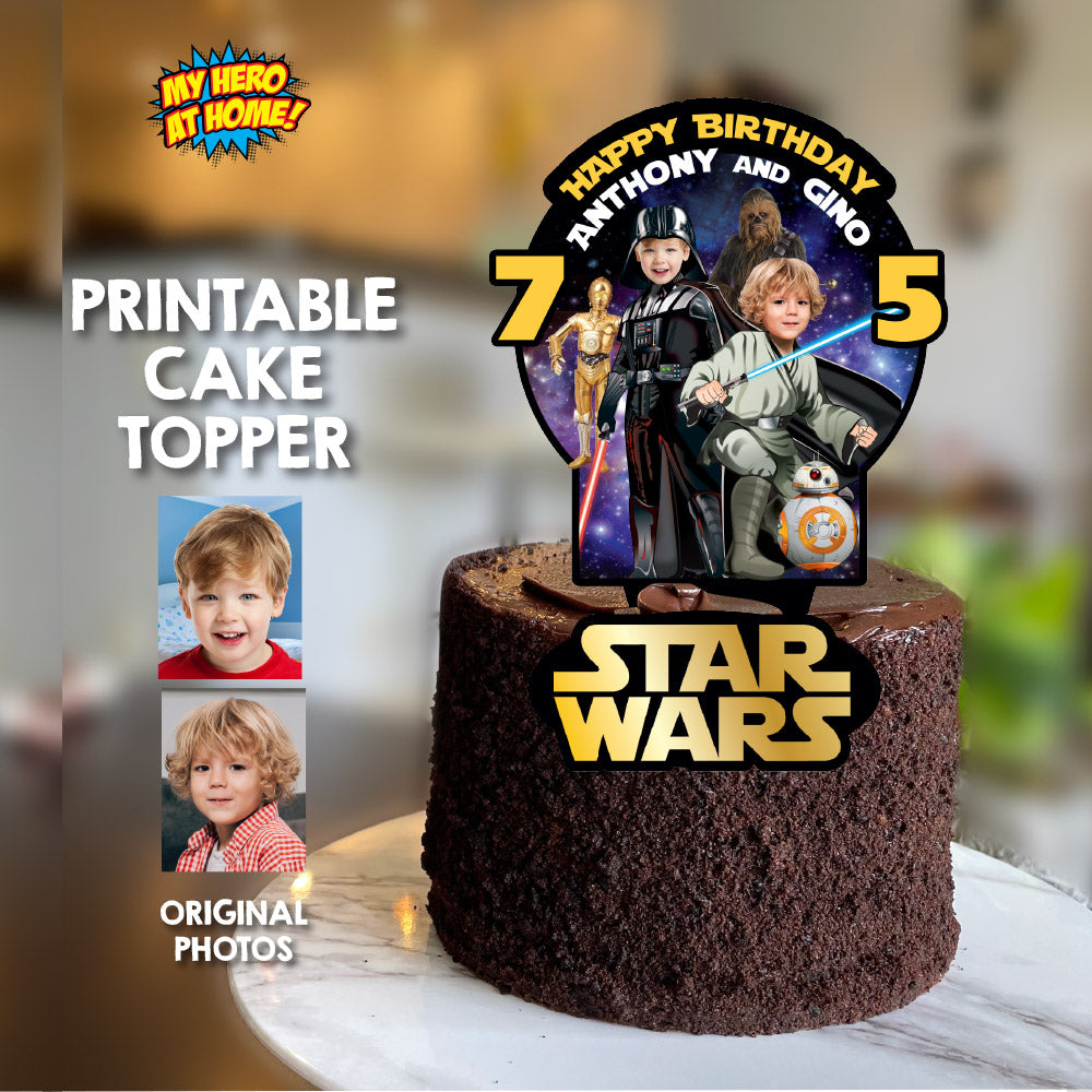 Joint Star Wars Jedi and Darth Vader Cake topper with your photos, Star Wars siblings cake decor. 586