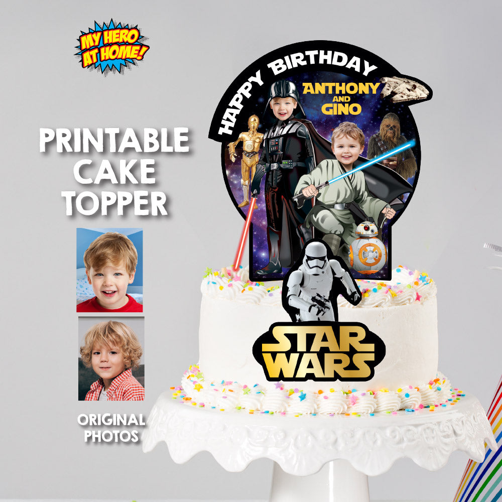 Joint Star Wars Jedi and Darth Vader Cake topper with your photos, Star Wars siblings cake decor. 586