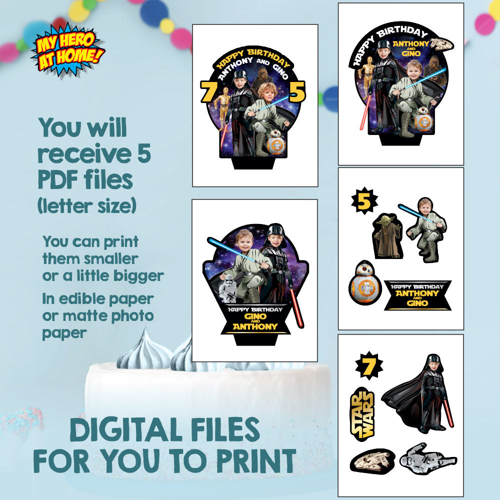 Joint Star Wars Jedi and Darth Vader Cake topper with your photos, Star Wars siblings cake decor. 586