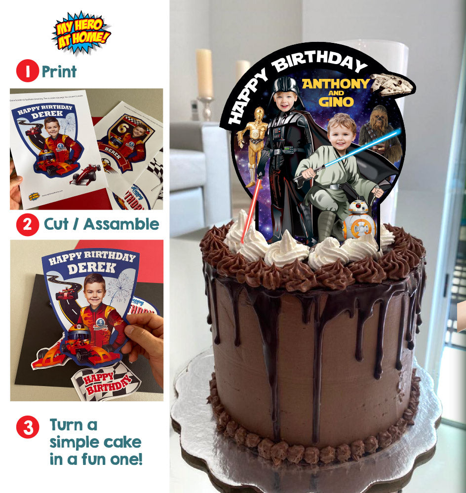 Joint Star Wars Jedi and Darth Vader Cake topper with your photos, Star Wars siblings cake decor. 586