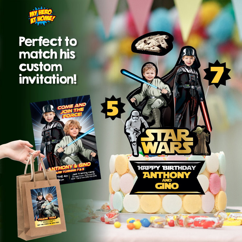 Joint Star Wars Jedi and Darth Vader Cake topper with your photos, Star Wars siblings cake decor. 586