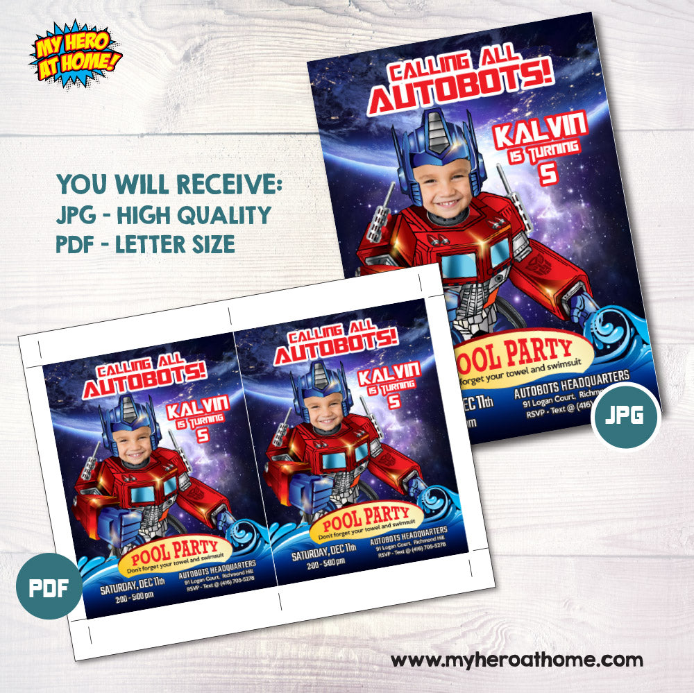 Optimus Pool Party Invitation, Autobots Splash party Invitation, Prime pool birthday. 589IN