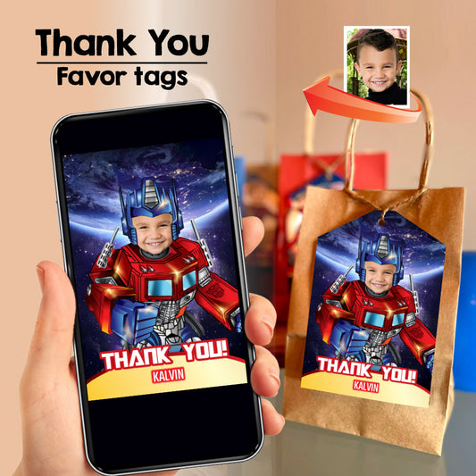 Transformers thank you with your kid as Optimus Prime, Autobots thank tags. 589TY