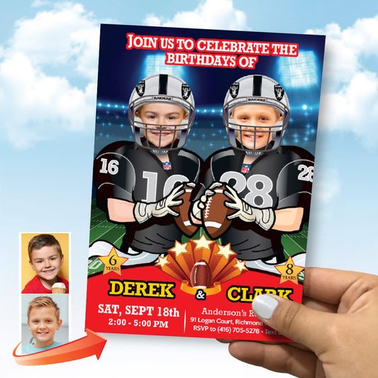 Football Siblings birthday party Invitation with your children as their favorite players, Joint Football 2 kids invitation. 600IN2