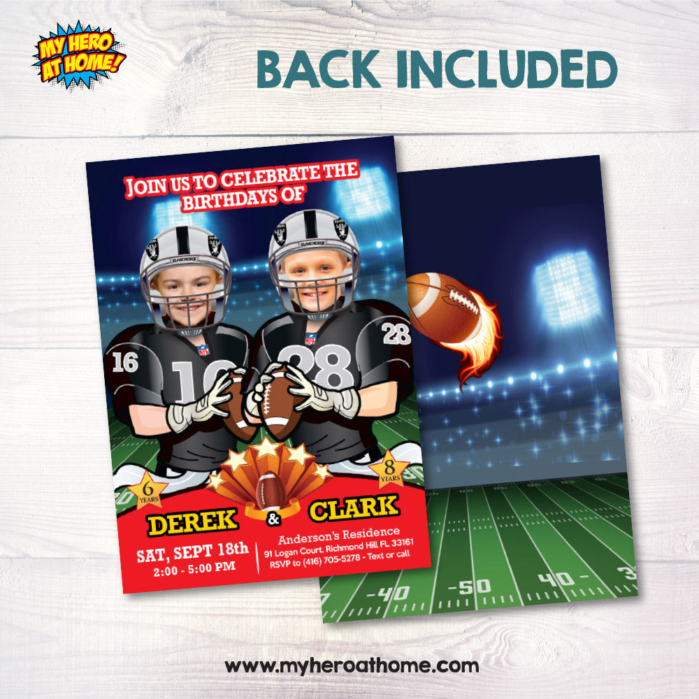 Football Siblings birthday party Invitation with your children as their favorite players, Joint Football 2 kids invitation. 600IN2