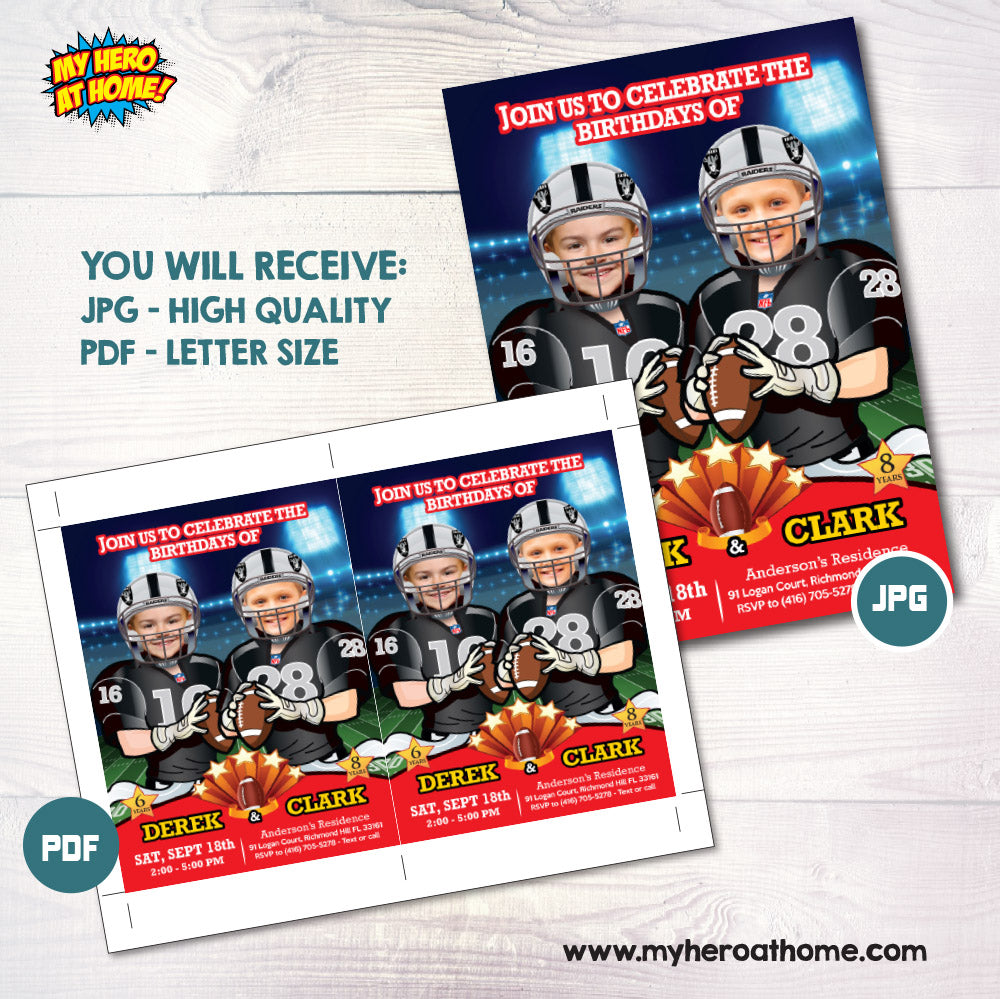 Football Siblings birthday party Invitation with your children as their favorite players, Joint Football 2 kids invitation. 600IN2