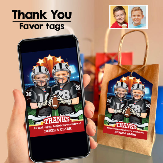 Joint Las Vegas Raiders thank you card with kids as players, Siblings Raiders favor tags with photo. 600TY2
