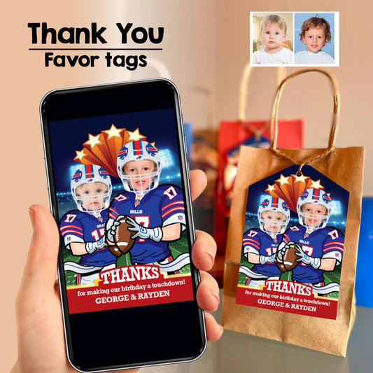 Joint Buffalo Bills thank you card with kids as players, Siblings Bills favor tags with photo. 600TY