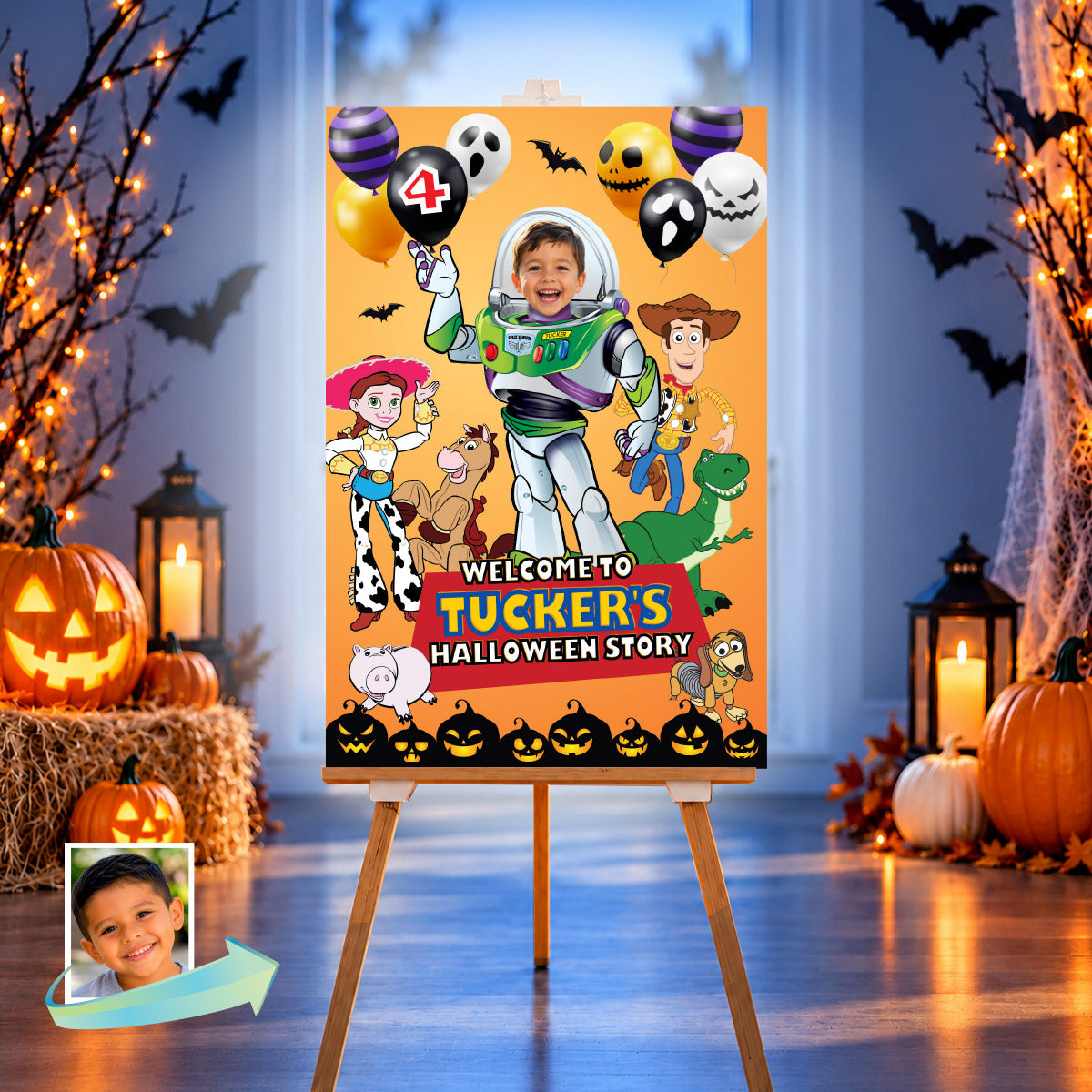 Personalized Buzz Lightyear Halloween Birthday Sign, Toy Story Party with Child Photo 603HA2