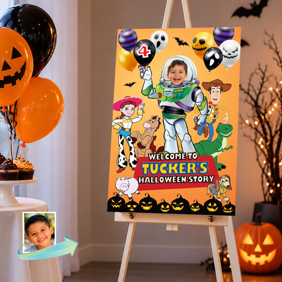 Personalized Buzz Lightyear Halloween Birthday Sign, Toy Story Party with Child Photo 603HA2