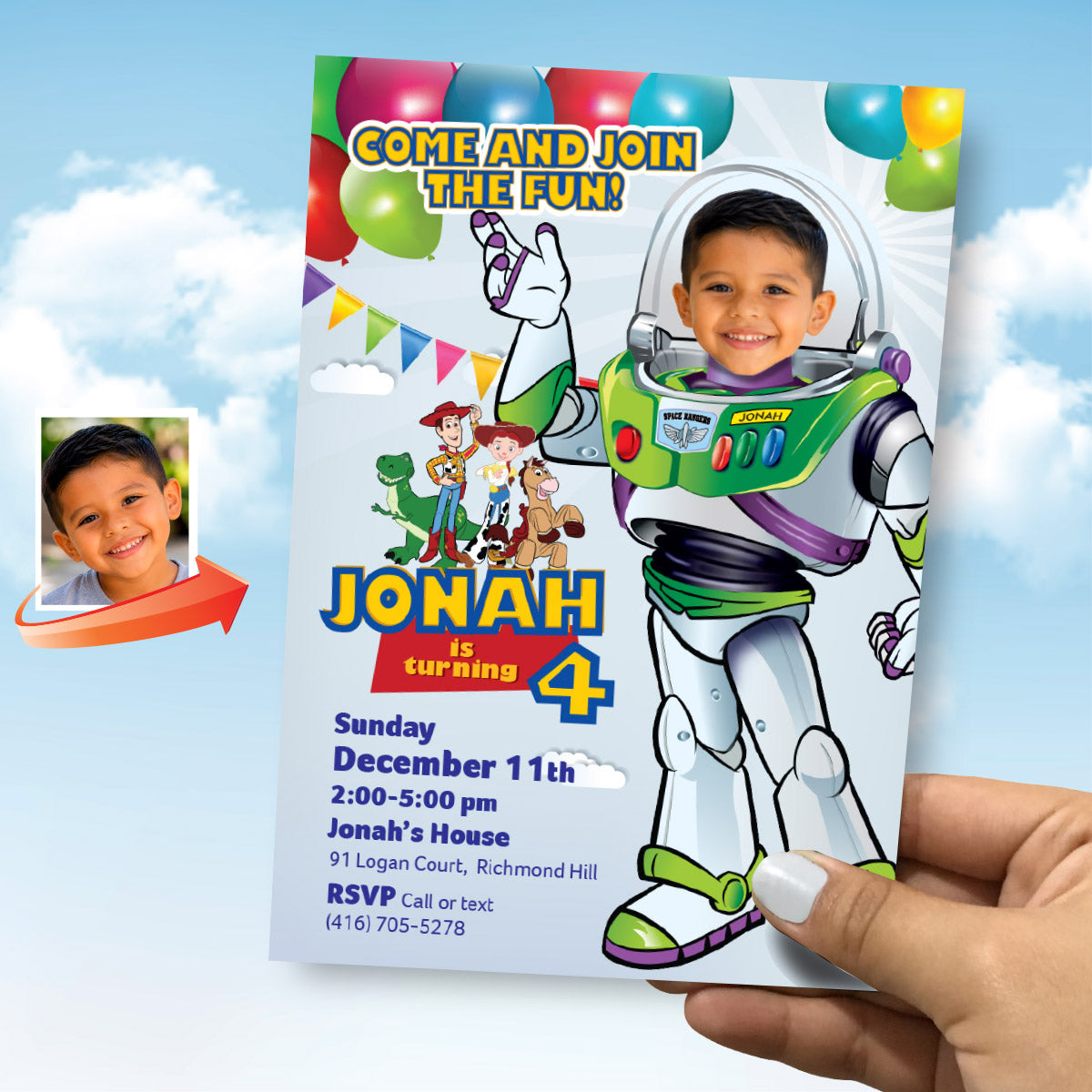 Personalized Buzz Lightyear Birthday Invitation Featuring Your Child as Buzz. 603IN