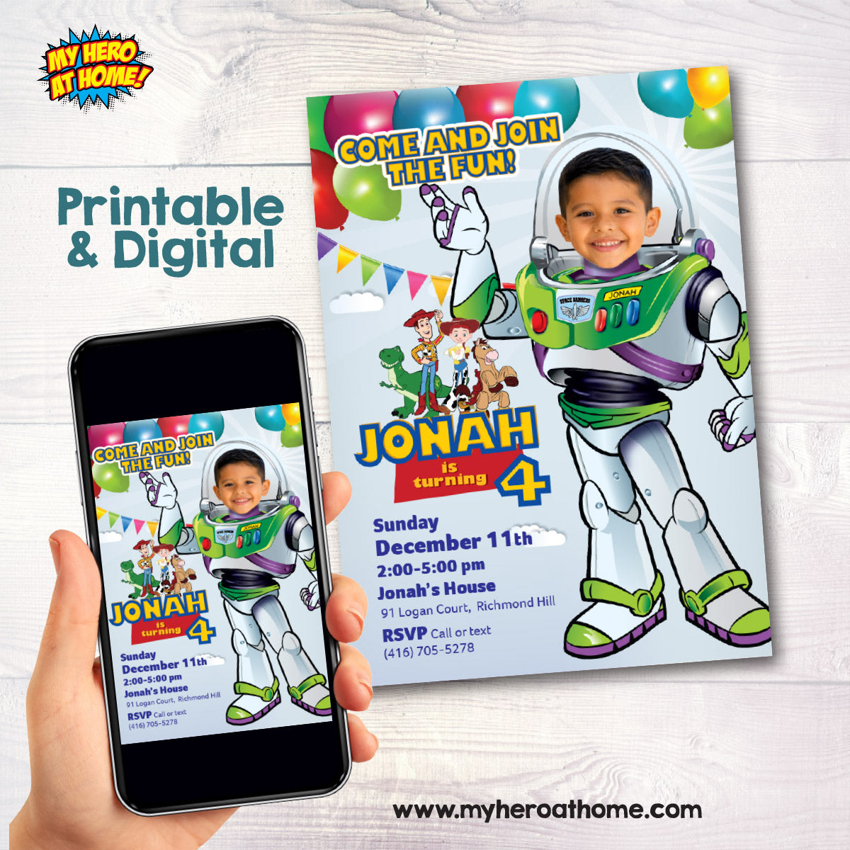 Personalized Buzz Lightyear Birthday Invitation Featuring Your Child as Buzz. 603IN