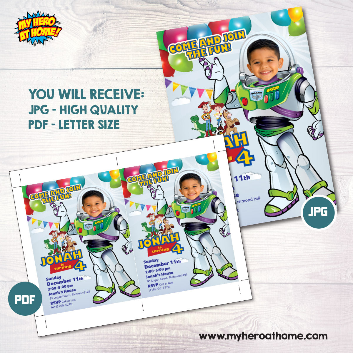 Personalized Buzz Lightyear Birthday Invitation Featuring Your Child as Buzz. 603IN