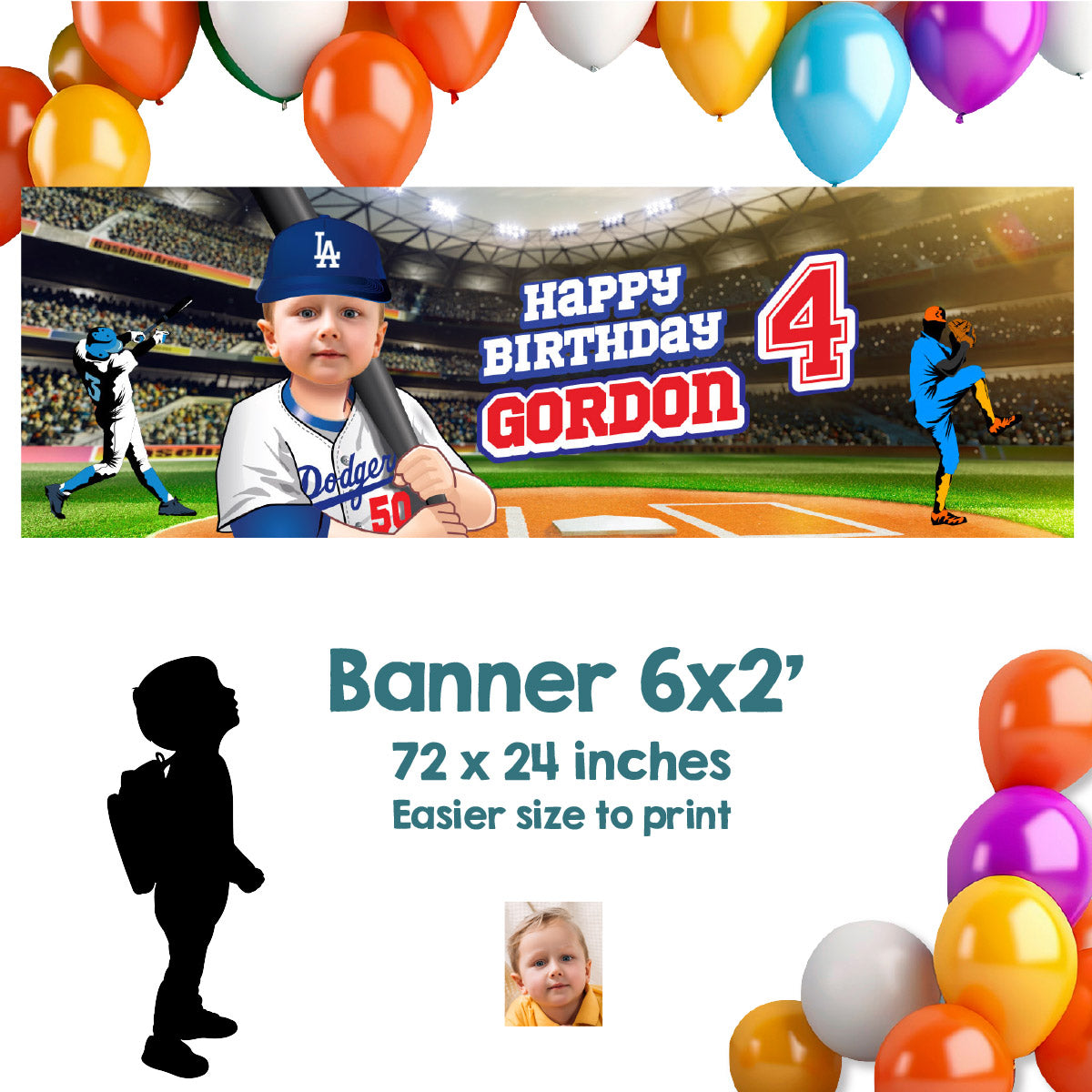 Custom Baseball Dodgers banner with birthday kid as the star player (Horizontal 6x2’). 609BBH