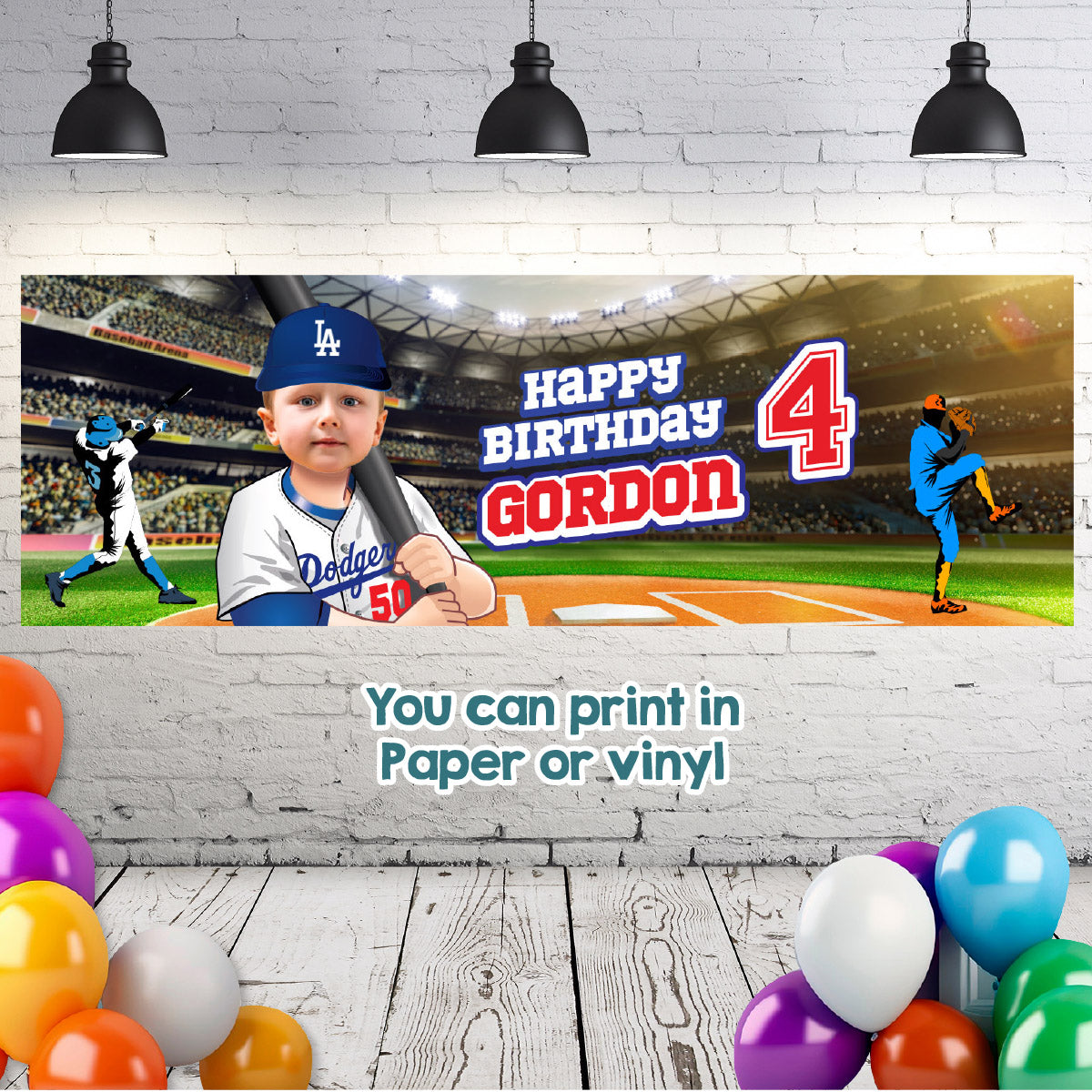 Custom Baseball Dodgers banner with birthday kid as the star player (Horizontal 6x2’). 609BBH