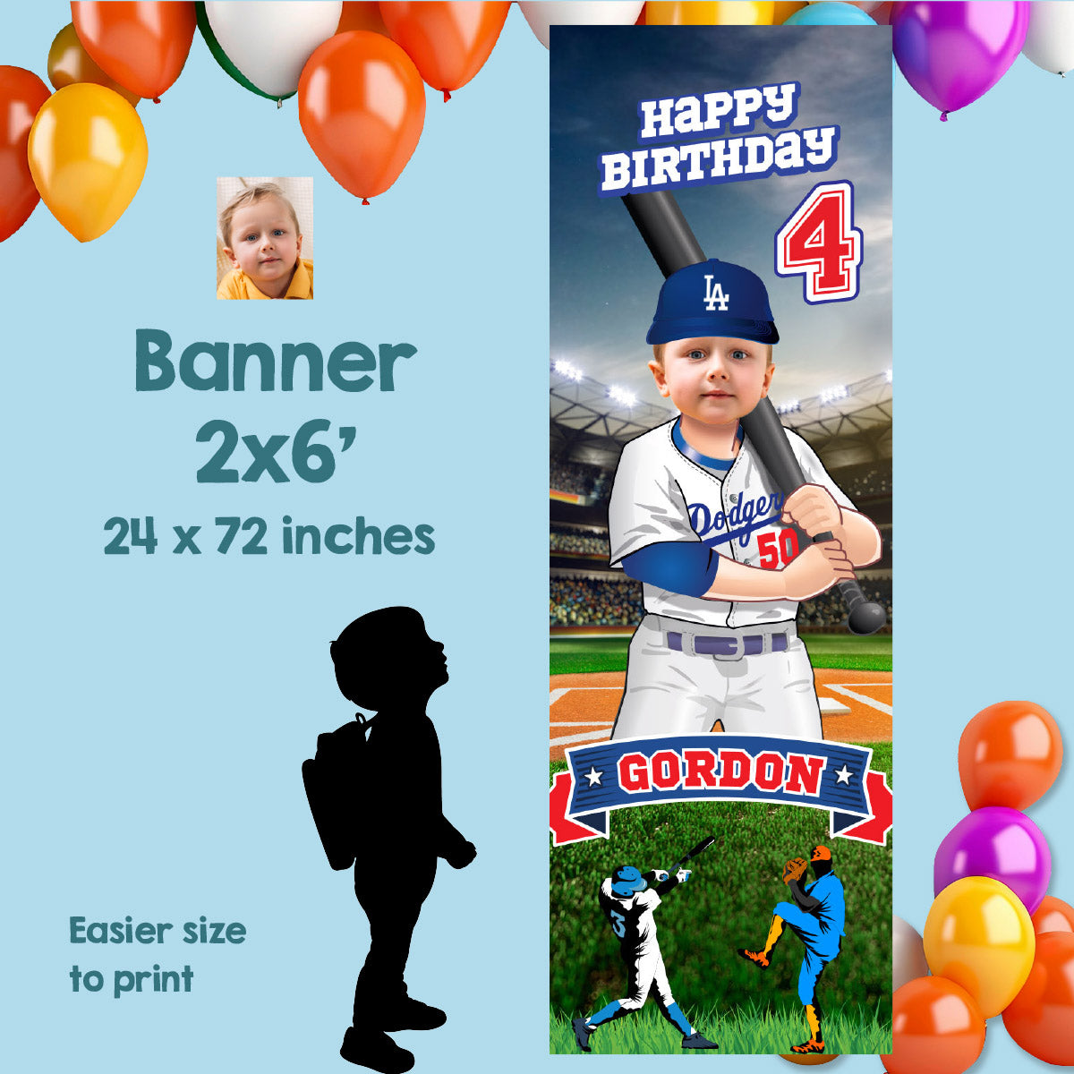Portrait Baseball Dodgers banner with birthday kid as his favorite player (Vertical 2x6’). 609BBV