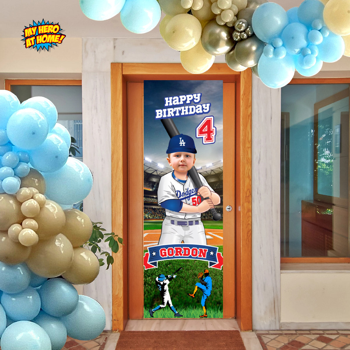 Portrait Baseball Dodgers banner with birthday kid as his favorite player (Vertical 2x6’). 609BBV