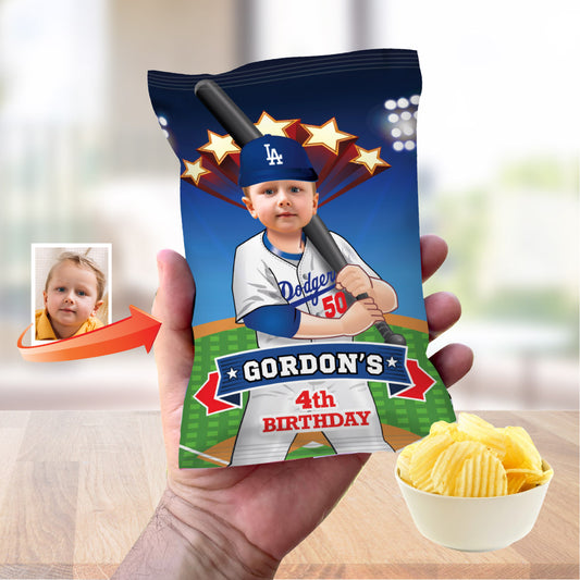 Baseball Chip Bag wrappers with birthday kid as his favorite Dodgers player. 609CB