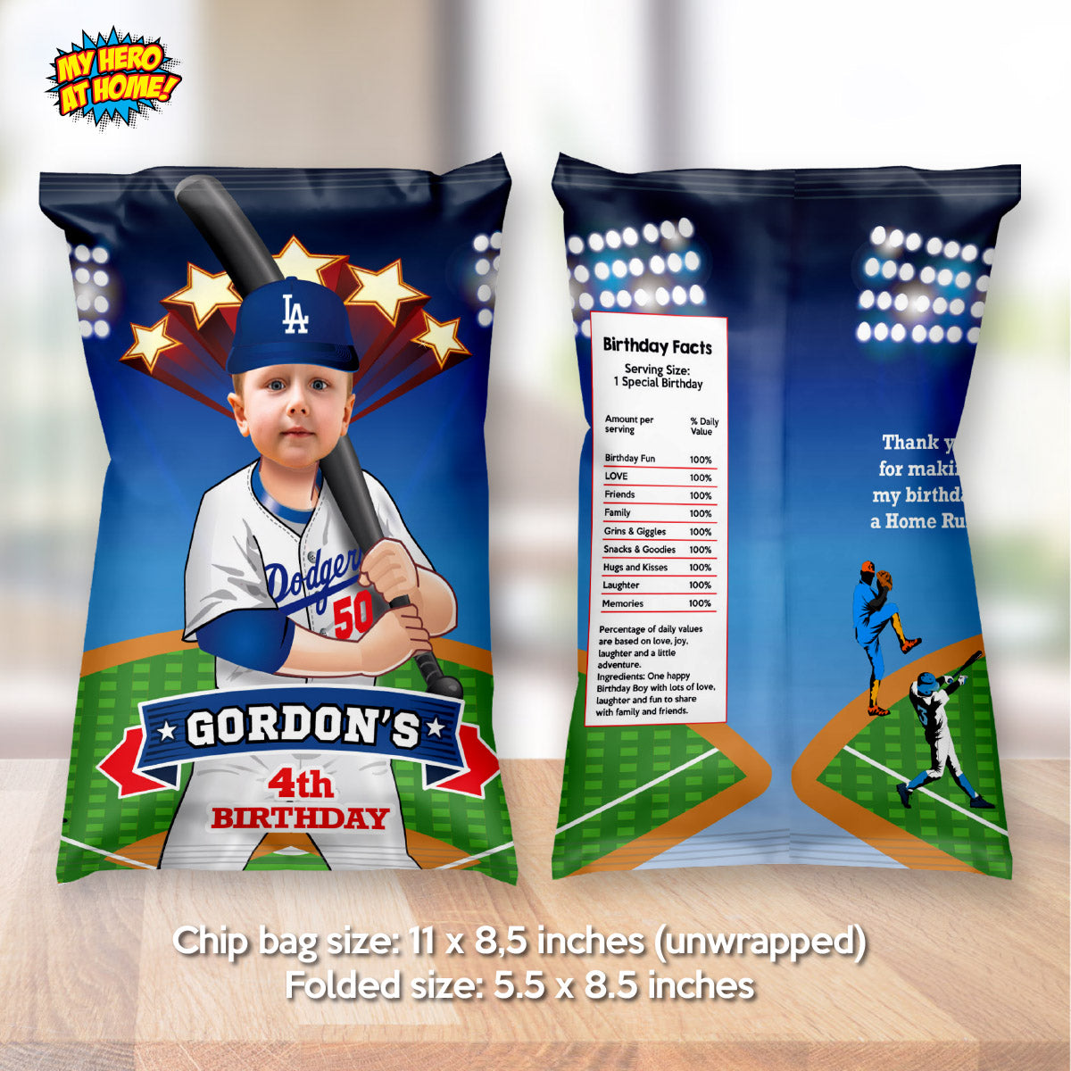 Baseball Chip Bag wrappers with birthday kid as his favorite Dodgers player. 609CB