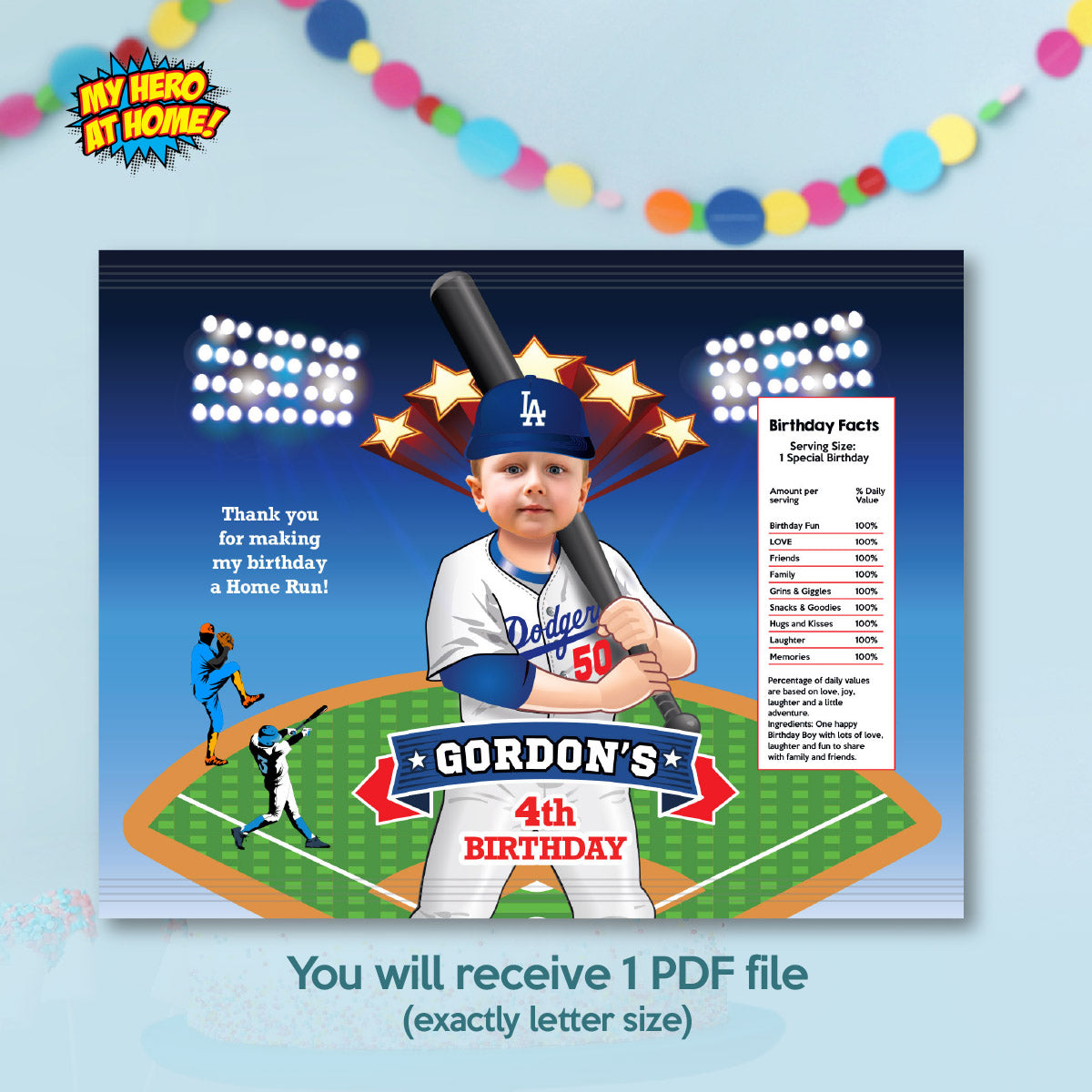 Baseball Chip Bag wrappers with birthday kid as his favorite Dodgers player. 609CB