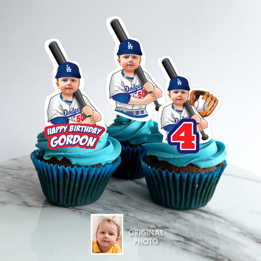 Personalized Baseball Dodgers Cupcakes Toppers featuring birthday kid as favorite player. 609CK