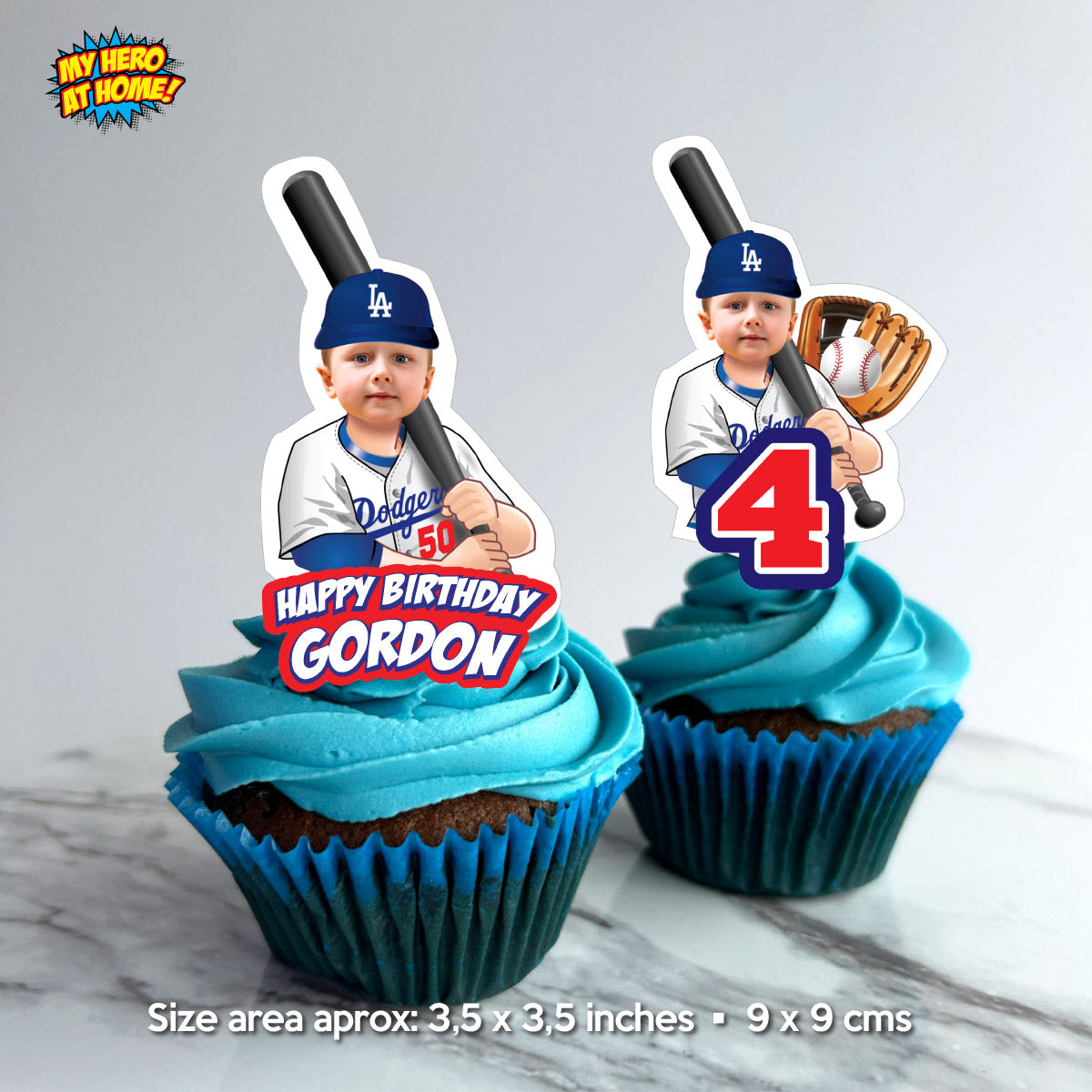 Personalized Baseball Dodgers Cupcakes Toppers featuring birthday kid as favorite player. 609CK