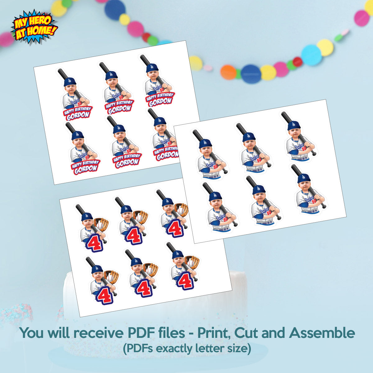 Personalized Baseball Dodgers Cupcakes Toppers featuring birthday kid as favorite player. 609CK