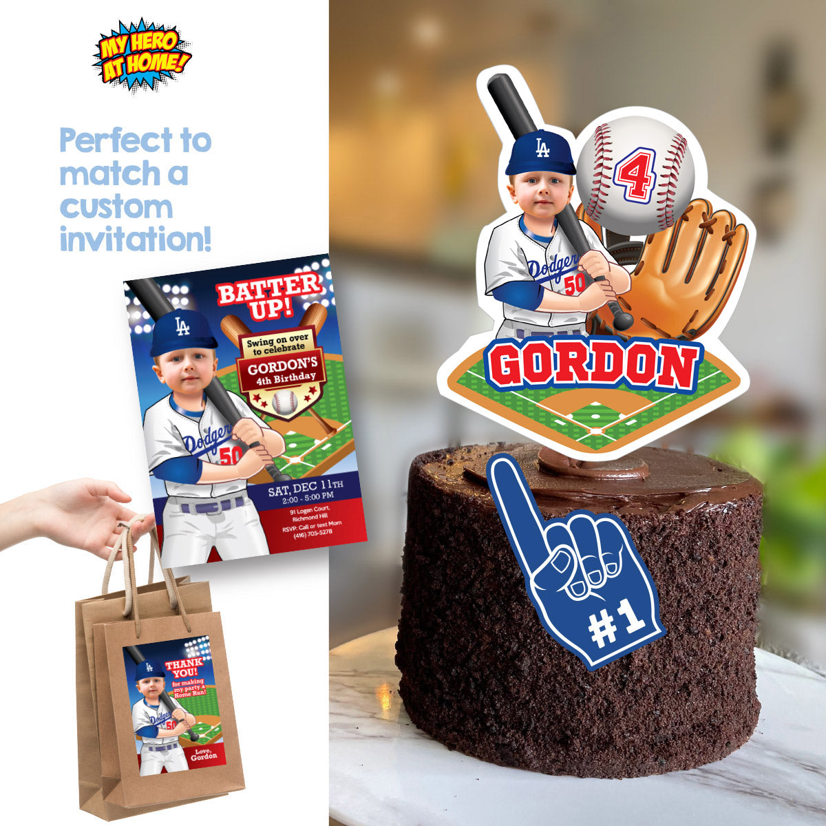 Baseball Los Angeles Dodgers Cake topper with birthday kid as his favorite player. 609CT1
