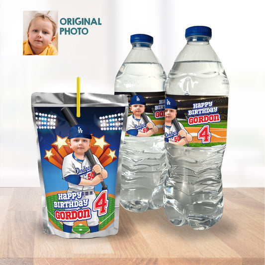 Baseball Dodgers water wrappers and juice labels with kid as the star. 609WJ