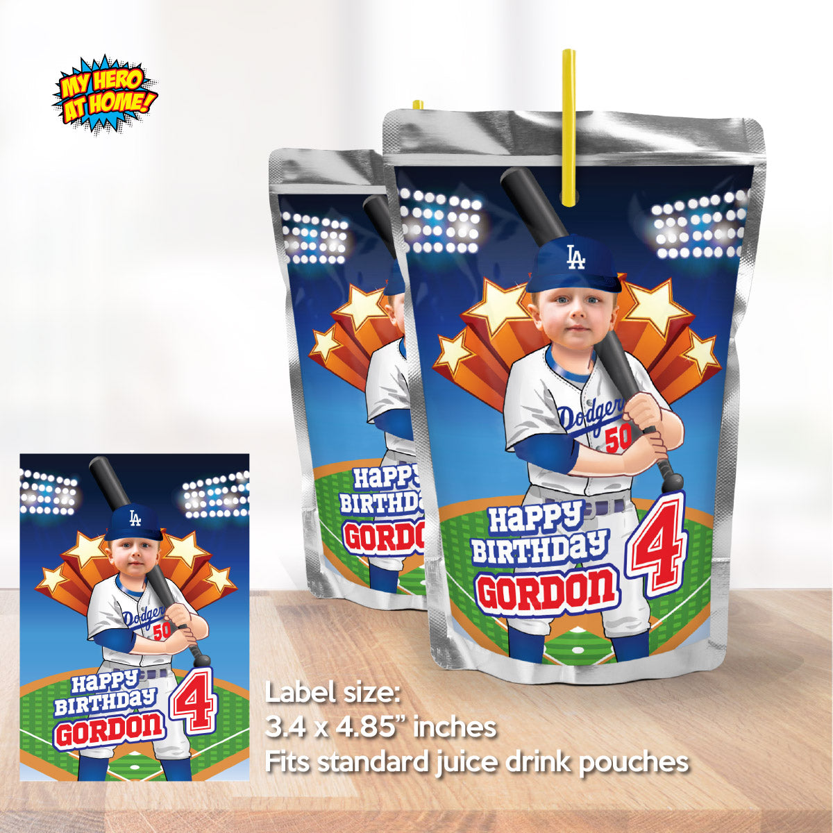 Baseball Dodgers water wrappers and juice labels with kid as the star. 609WJ