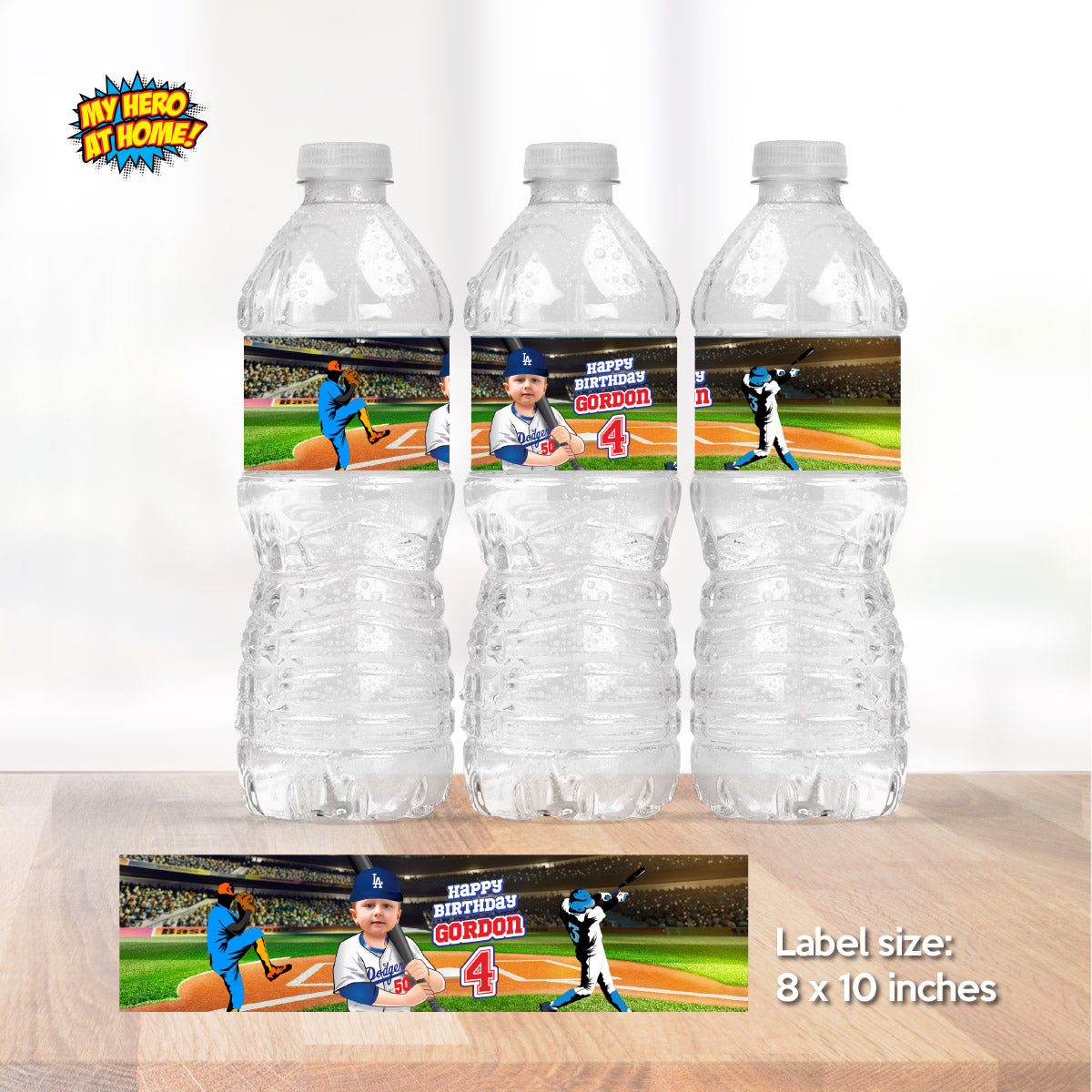 Baseball Dodgers water wrappers and juice labels with kid as the star. 609WJ