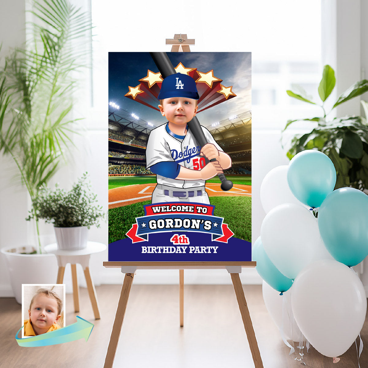 Baseball Welcome sign with kid as favorite Dodgers player, Dodgers Birthday Entrance party. 609WS