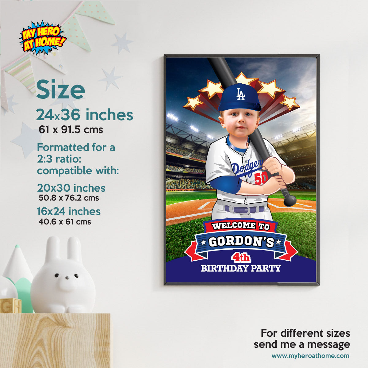 Baseball Welcome sign with kid as favorite Dodgers player, Dodgers Birthday Entrance party. 609WS