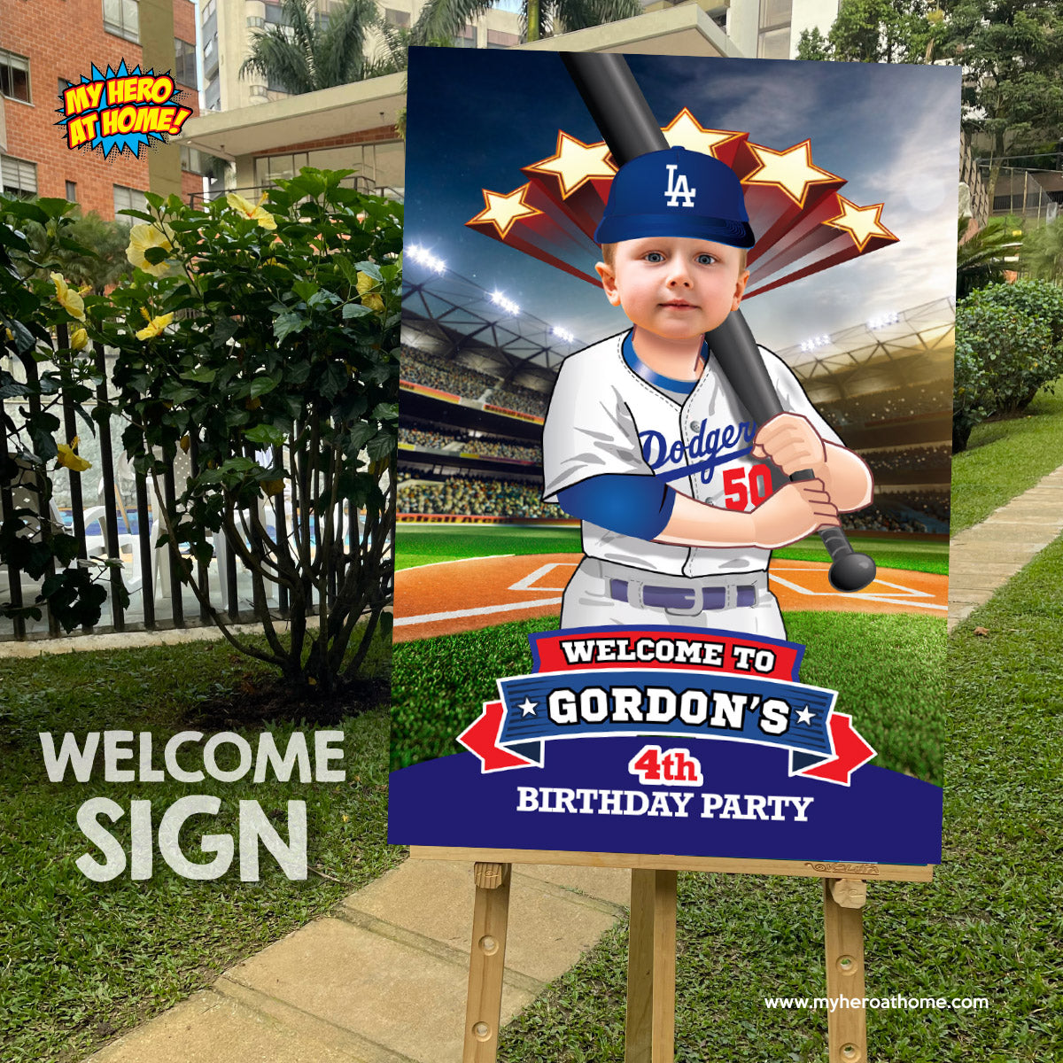 Baseball Welcome sign with kid as favorite Dodgers player, Dodgers Birthday Entrance party. 609WS