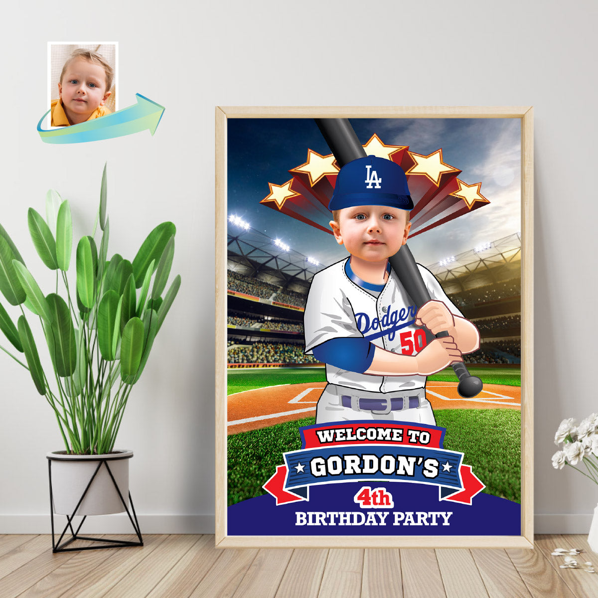 Baseball Welcome sign with kid as favorite Dodgers player, Dodgers Birthday Entrance party. 609WS