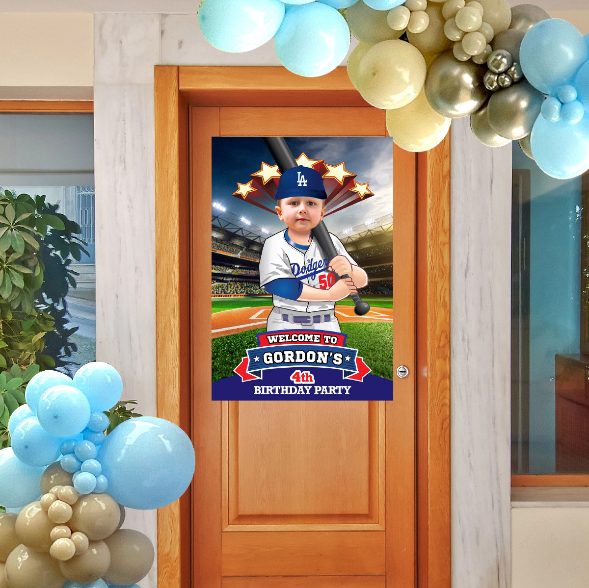 Baseball Welcome sign with kid as favorite Dodgers player, Dodgers Birthday Entrance party. 609WS