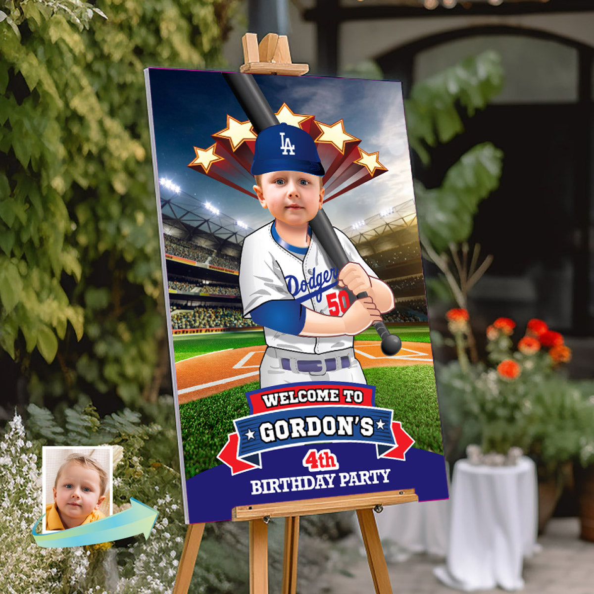 Baseball Welcome sign with kid as favorite Dodgers player, Dodgers Birthday Entrance party. 609WS