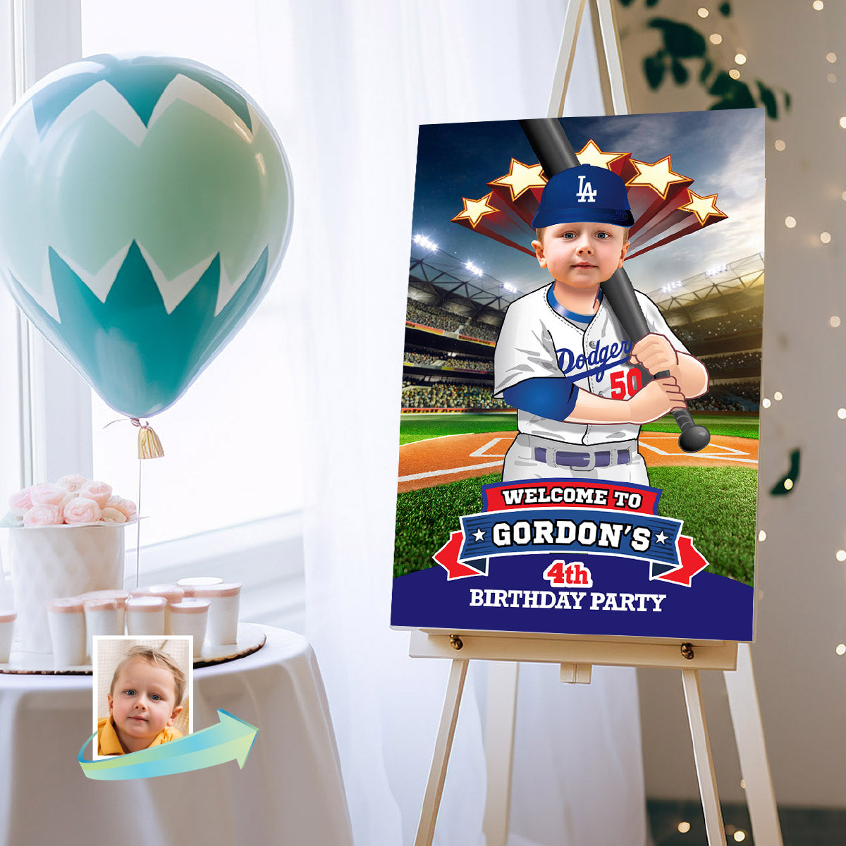 Baseball Welcome sign with kid as favorite Dodgers player, Dodgers Birthday Entrance party. 609WS