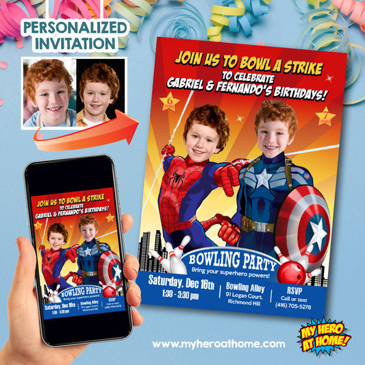 Custom Spiderman and Capt America Bowling Party Invitation Featuring Kids as the Stars. 613