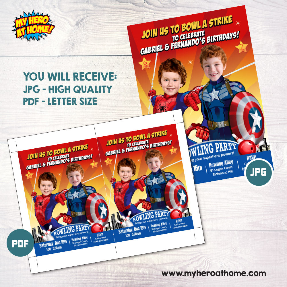 Custom Spiderman and Capt America Bowling Party Invitation Featuring Kids as the Stars. 613