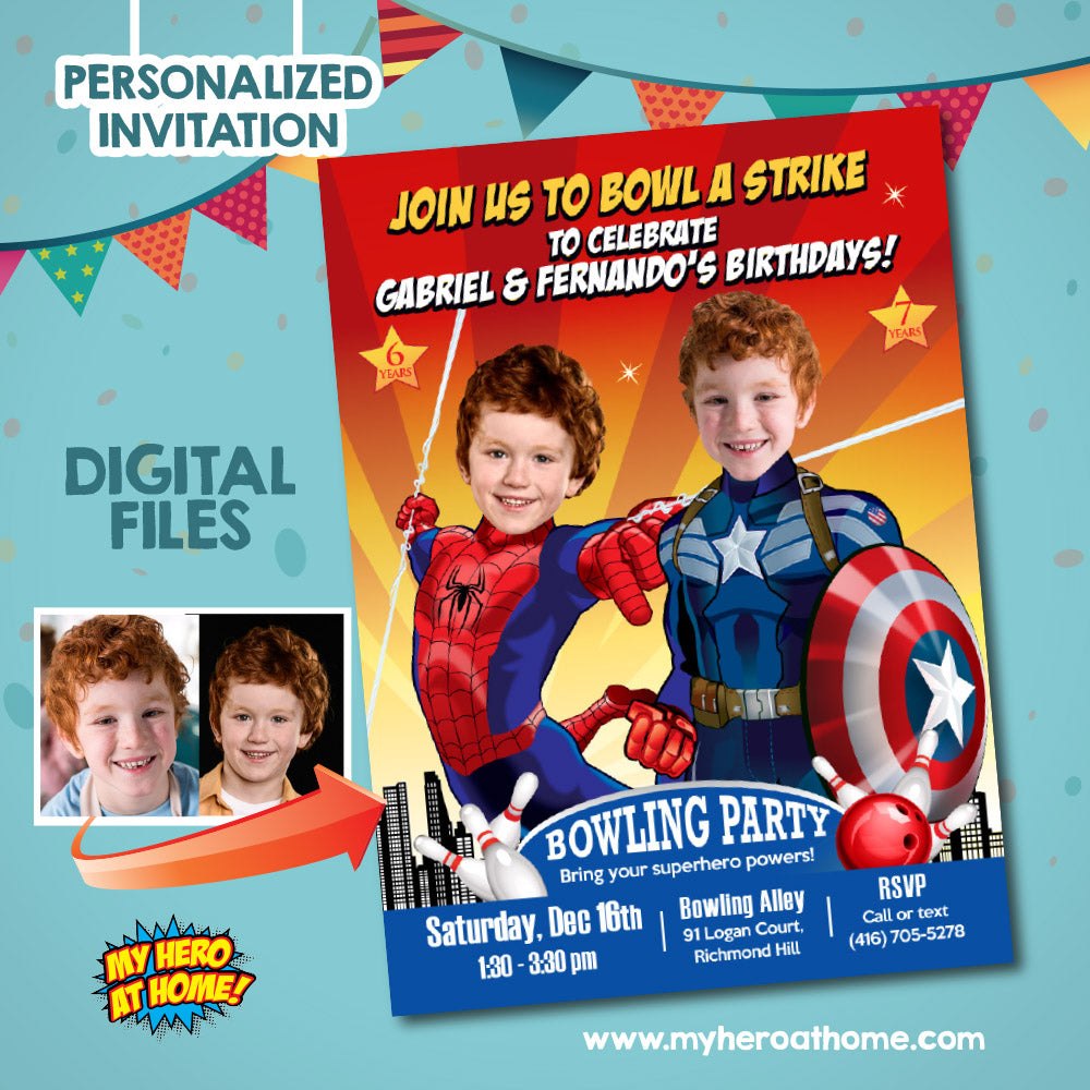 Custom Spiderman and Capt America Bowling Party Invitation Featuring Kids as the Stars. 613