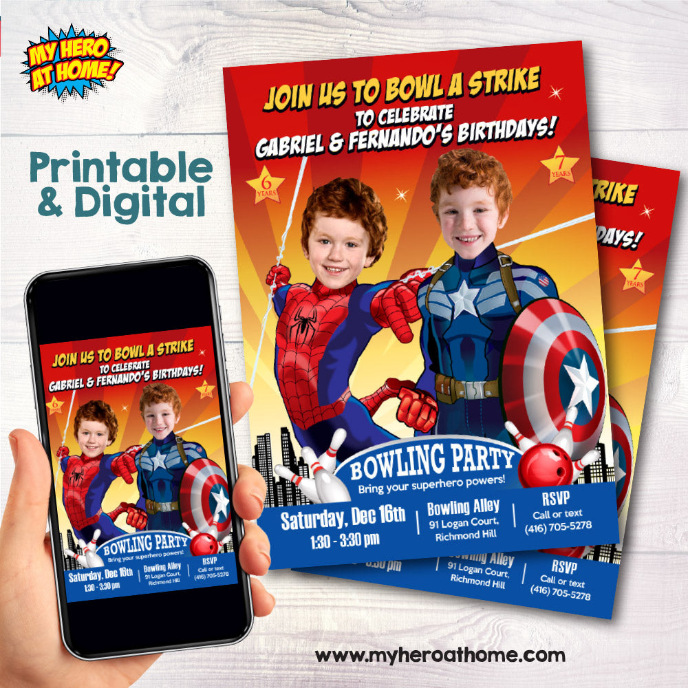 Custom Spiderman and Capt America Bowling Party Invitation Featuring Kids as the Stars. 613