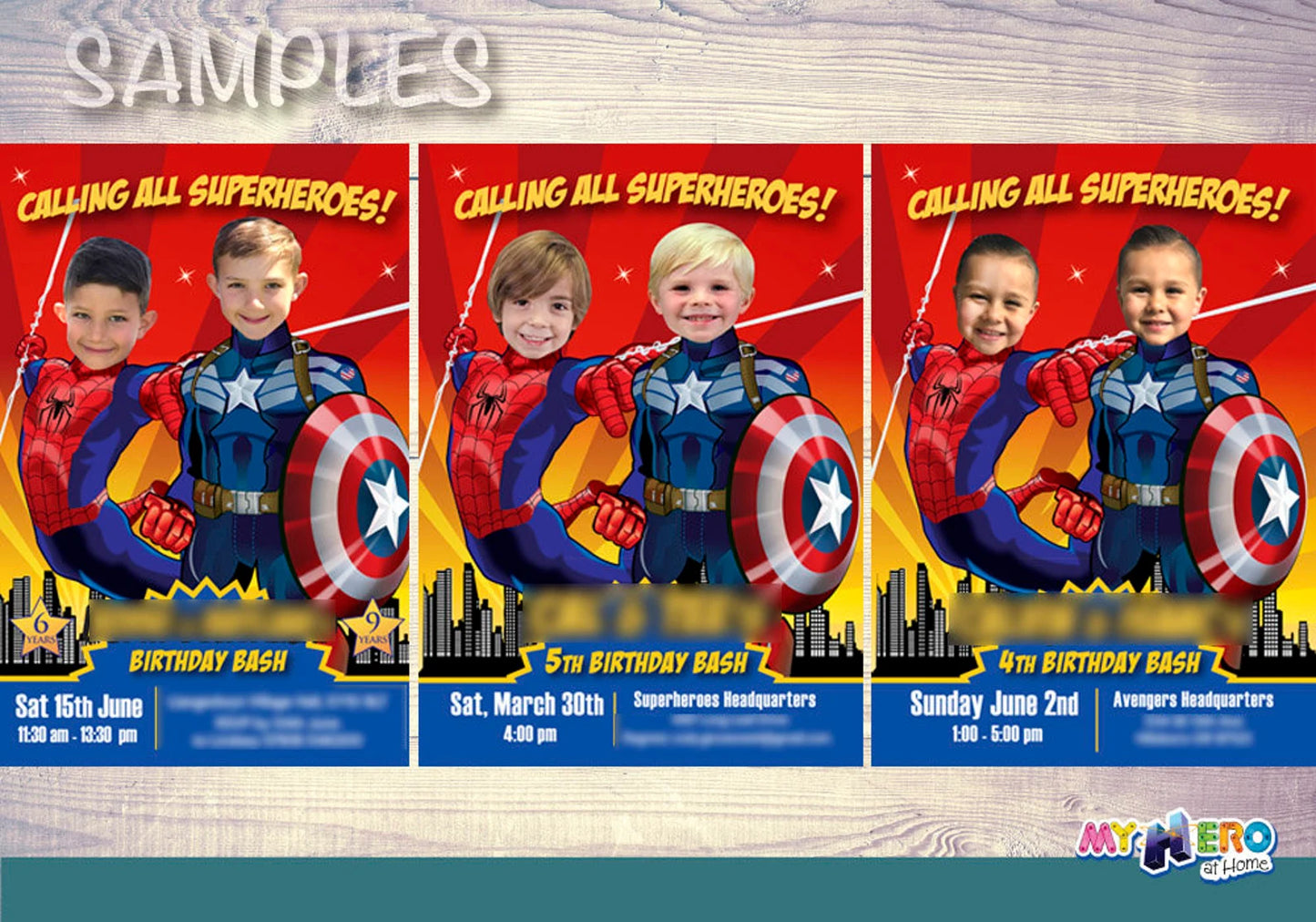 Custom Spiderman and Capt America Bowling Party Invitation Featuring Kids as the Stars. 613