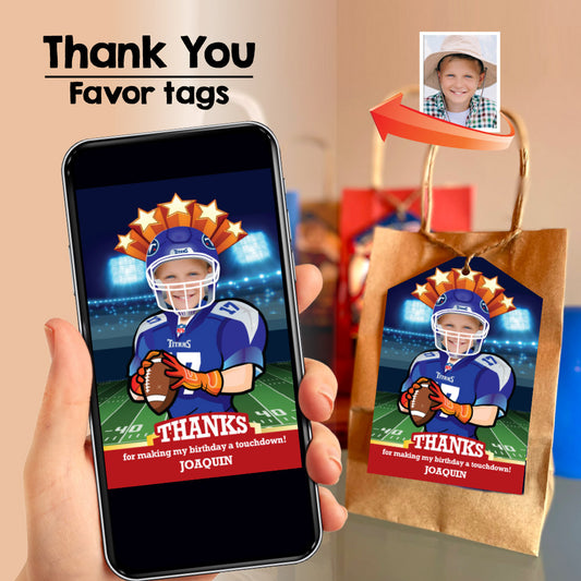 Personalized Tennessee Titans thank you card with kid as player, Tennessee Titans photo favor tags. 627TY