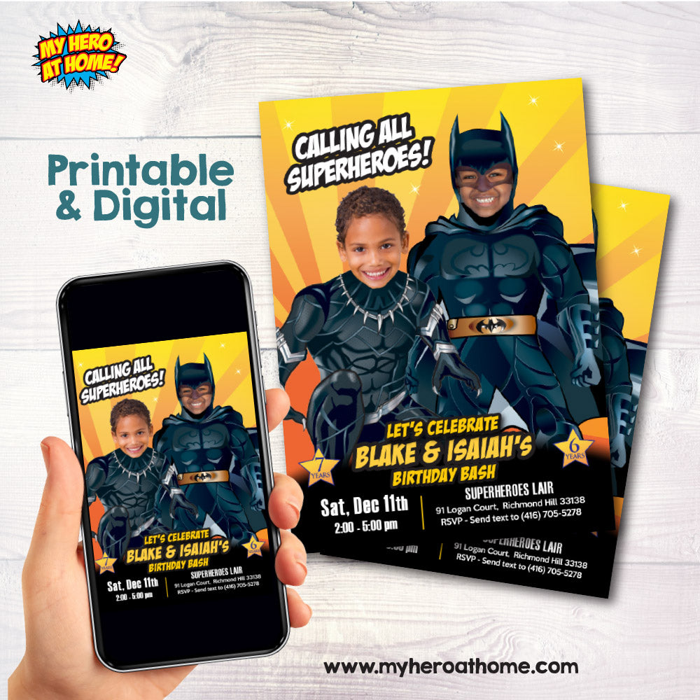 Batman and Black Panther birthday Invitation with photos, Batman and Black Panther Siblings party template. 631IN