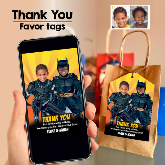 Joint Batman Black Panther birthday thank you for coming, Black Panther and Batman favor tags. 631TY