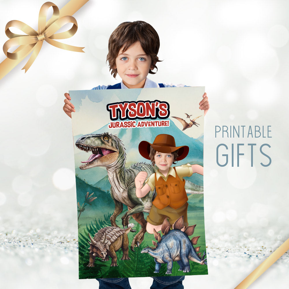 Printable Dinosaurs Gifts featuring your kid as the star, Dinosaurs Jurassic prints Decor with photo. 635GF