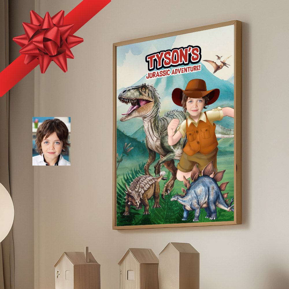 Printable Dinosaurs Gifts featuring your kid as the star, Dinosaurs Jurassic prints Decor with photo. 635GF