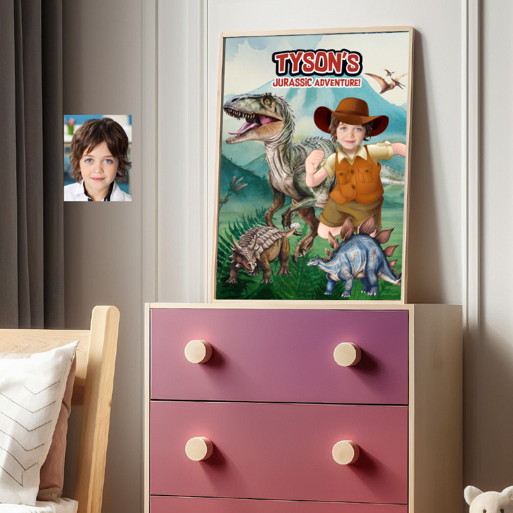 Printable Dinosaurs Gifts featuring your kid as the star, Dinosaurs Jurassic prints Decor with photo. 635GF