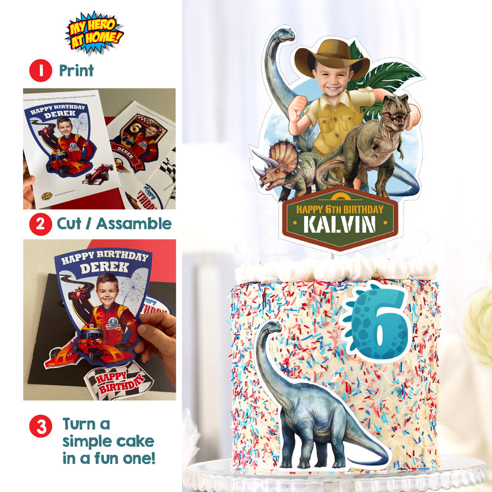 Dinosaurs Cake topper featuring your child as a Paleontologist, Explorer and T-Rex Cake decor 637CT2